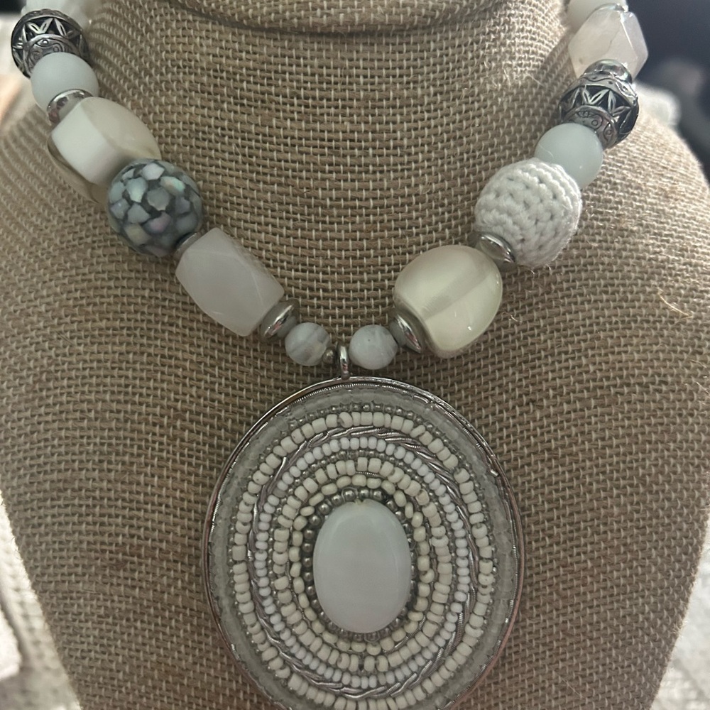 Chico's Silver and White Statement Necklace with Ethnic-Inspired Design